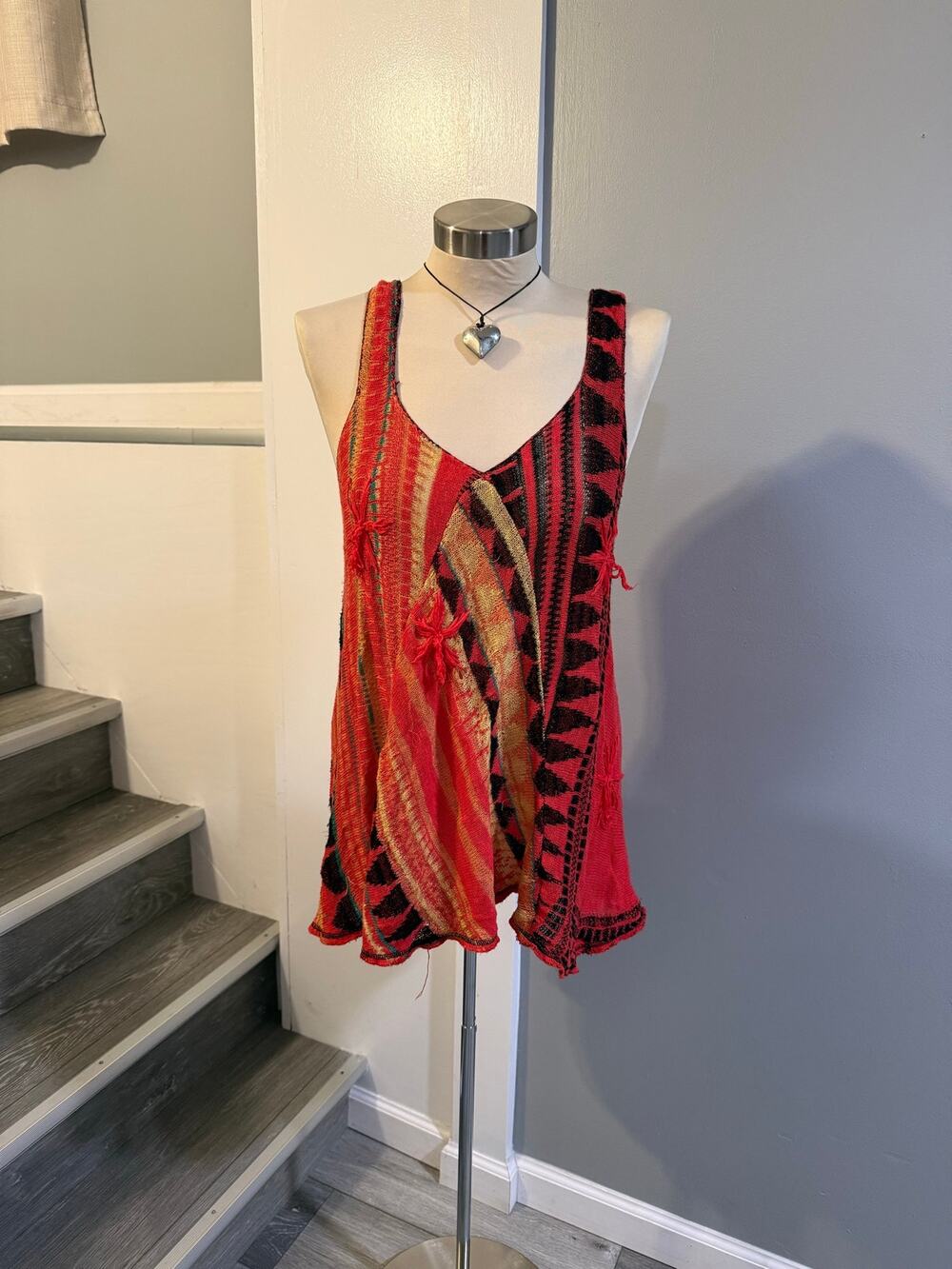 Free People Red Patchwork Asymmetrical Knit Tunic Tank Boho Festival Top Size M